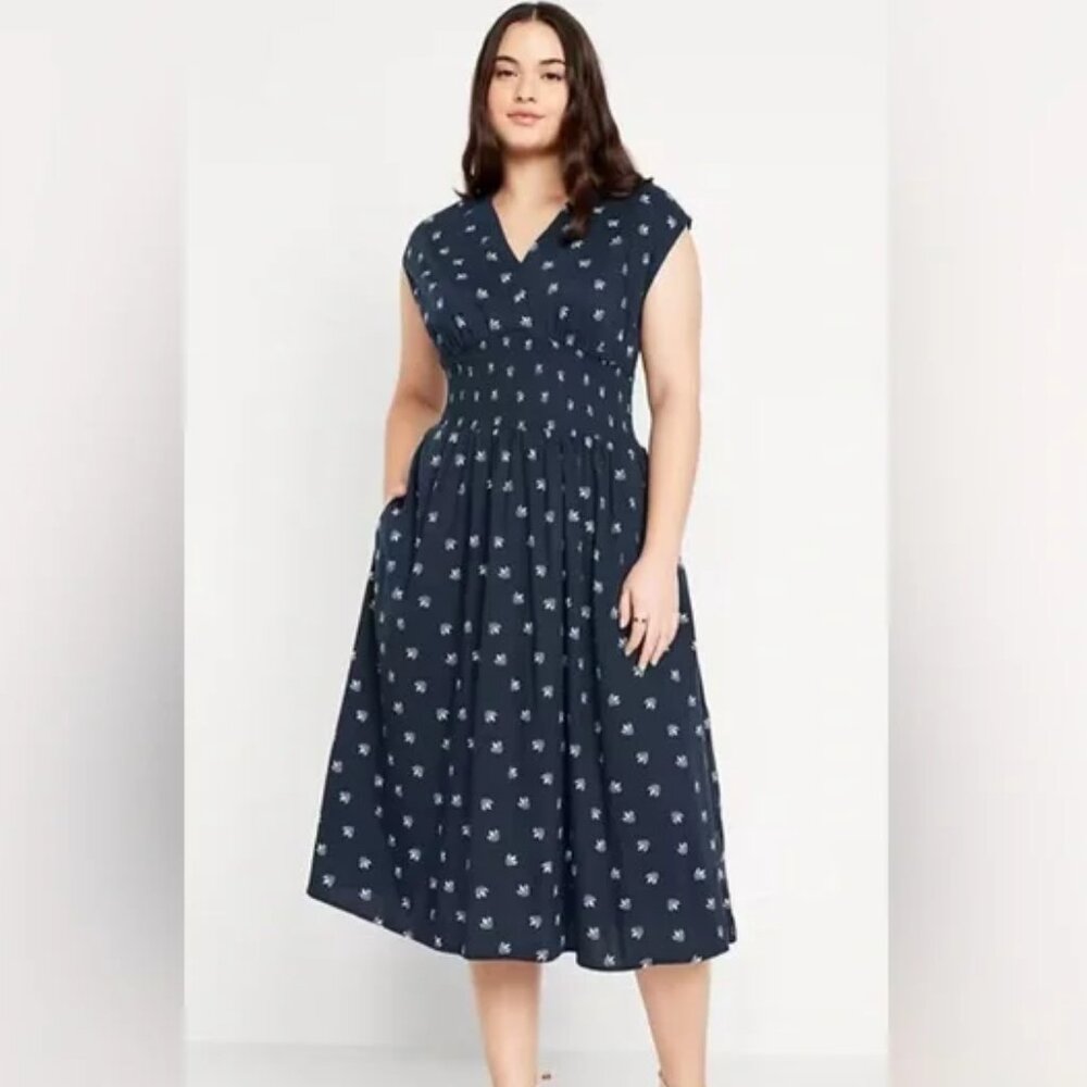 Old Navy Blue V-Neck Smocked-Waist Floral Dress 2XL